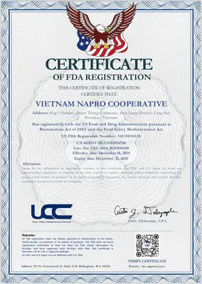 Certificate issued napro vietnam in USA